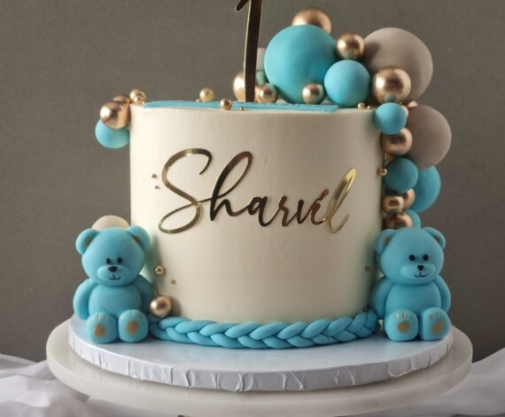 Blue Teddy 1st Birthday Cake